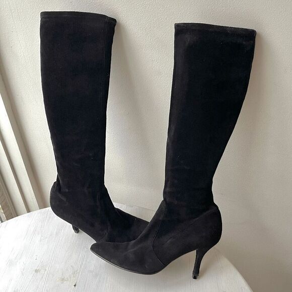 Stuart Weitzman Black Suede Stretch Knee High Boots, Size 9, Made in Spain - Picture 1 of 12